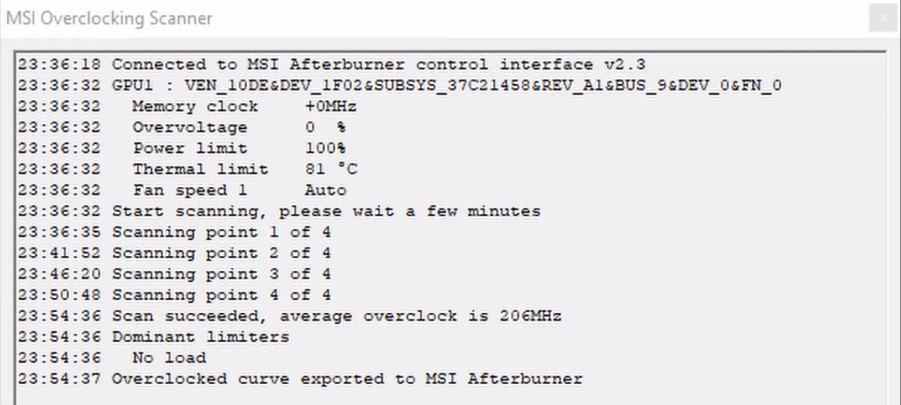 MSI overclocking scanner result