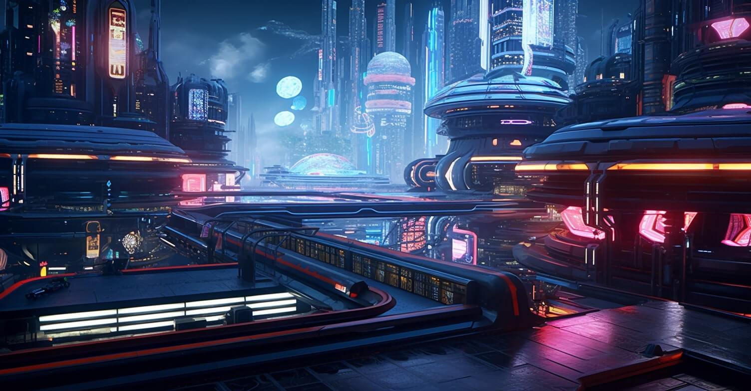 A futuristic game environment with neon lighting