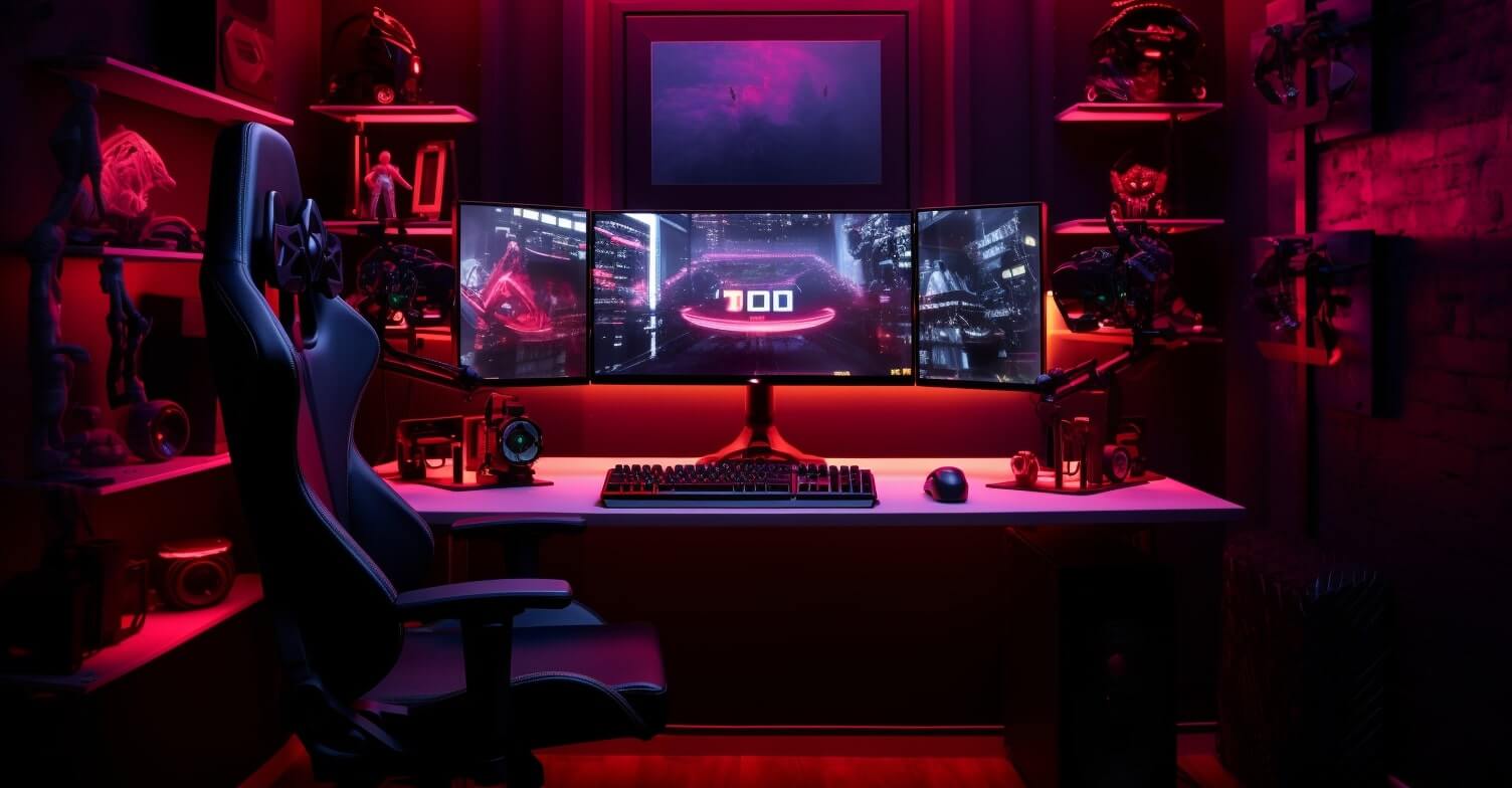 A gaming setup with a PC tower and RGB lighting